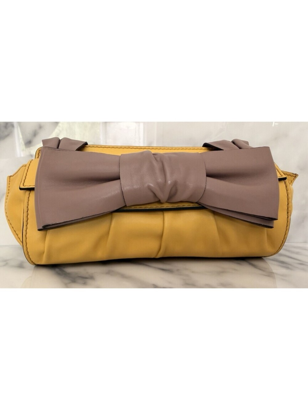 Valentino Garavani Yellow Leather Bow Handbag Clutch Taupe $1,145 NWT Authentic